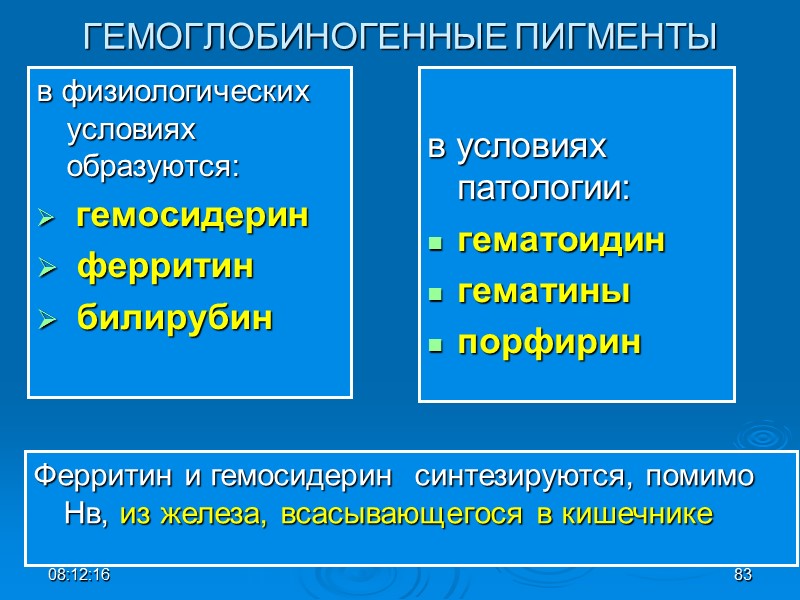 08:12:02 83 ГЕМОГЛОБИНОГЕННЫЕ ПИГМЕНТЫ в физиологических условиях образуются:  гемосидерин   ферритин 